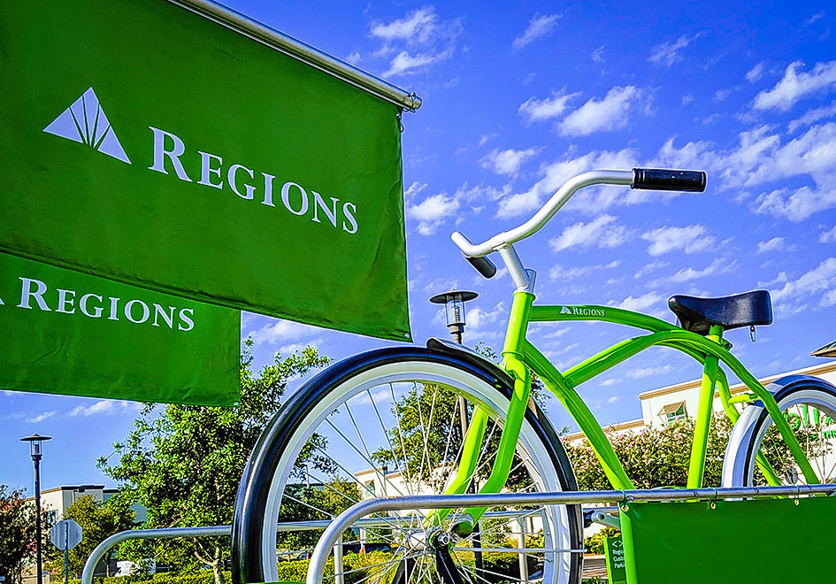 Regions sign and green bike