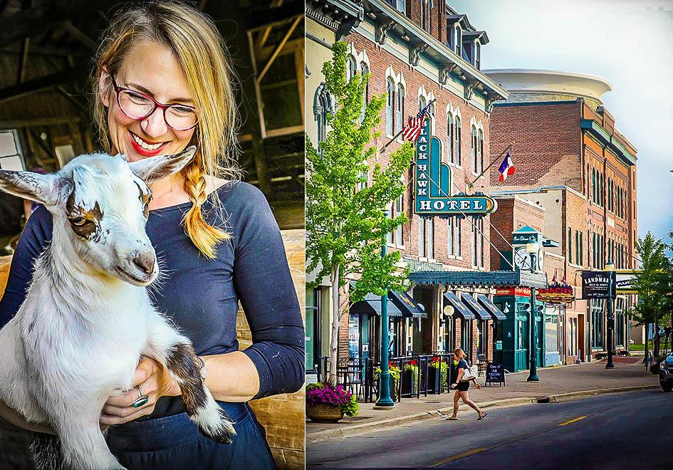 photo of woman with animal, and Iowa street scene