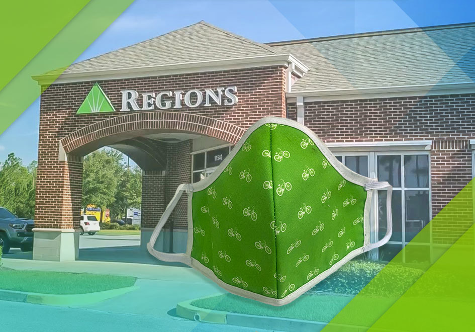 collage of Regions bank branch and face mask