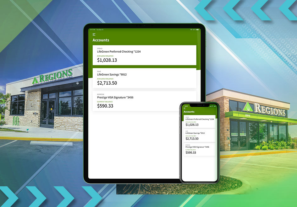 collage of Regions bank branch and mobile devices displaying mobile app