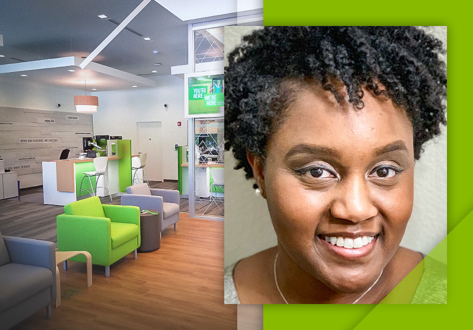 bank branch interior and photo of black woman