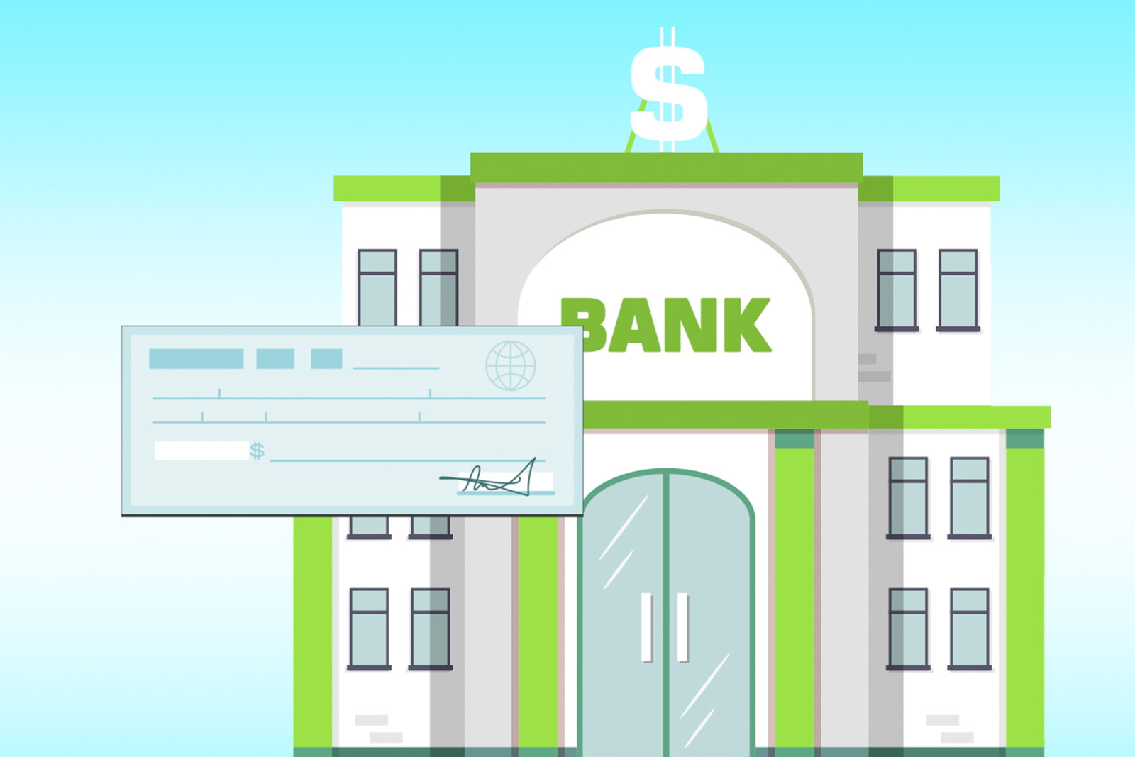 illustration of a bank branch and a check