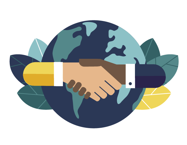 illustration of shaking hands and globe