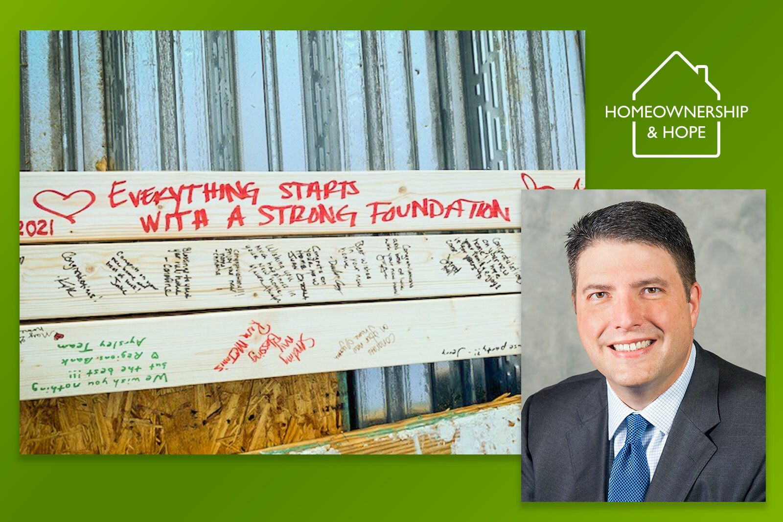 a collage of wooden planks with handwritten messages, a logo, and a businessman