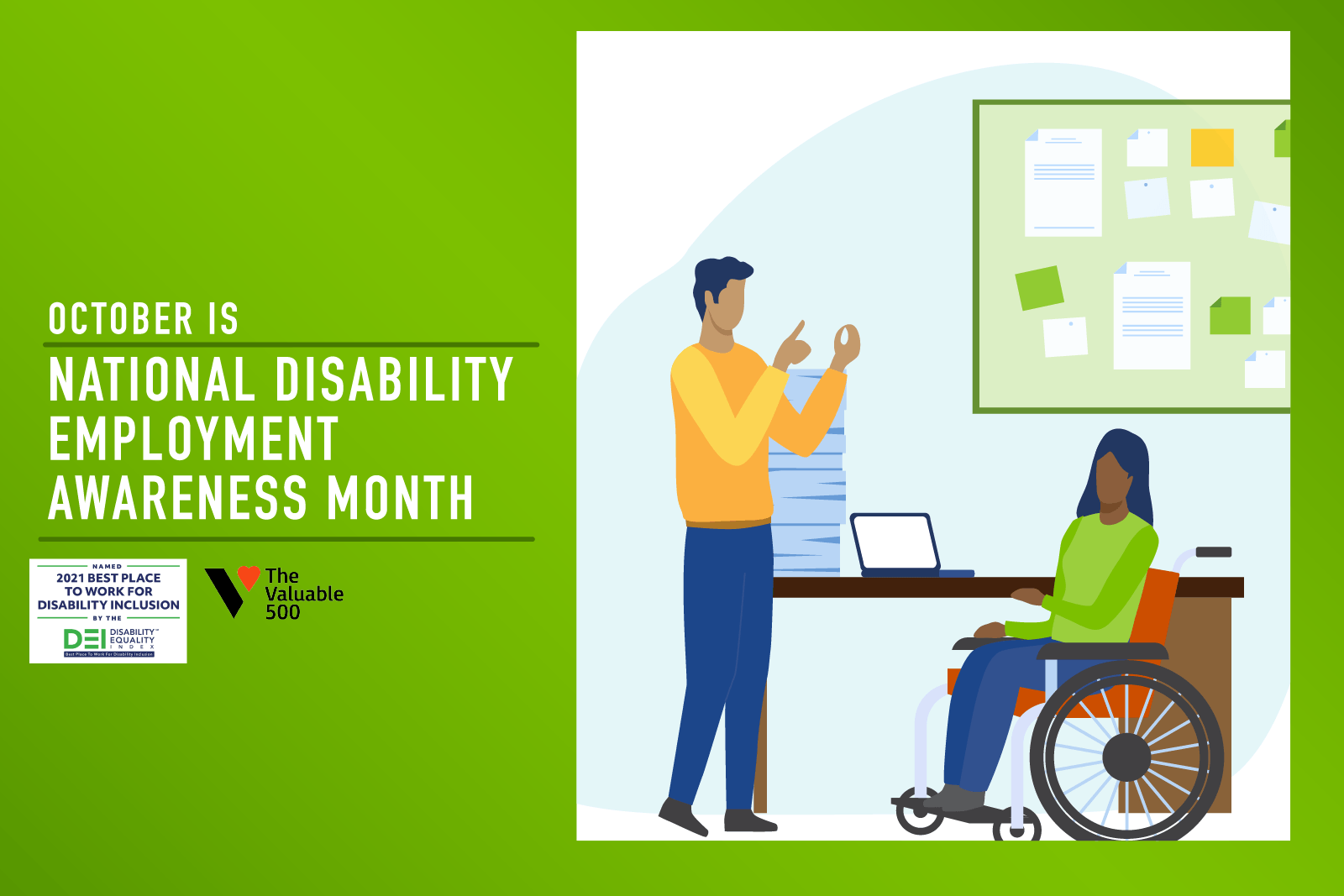 illustration of deaf man and woman in wheelchair at work....