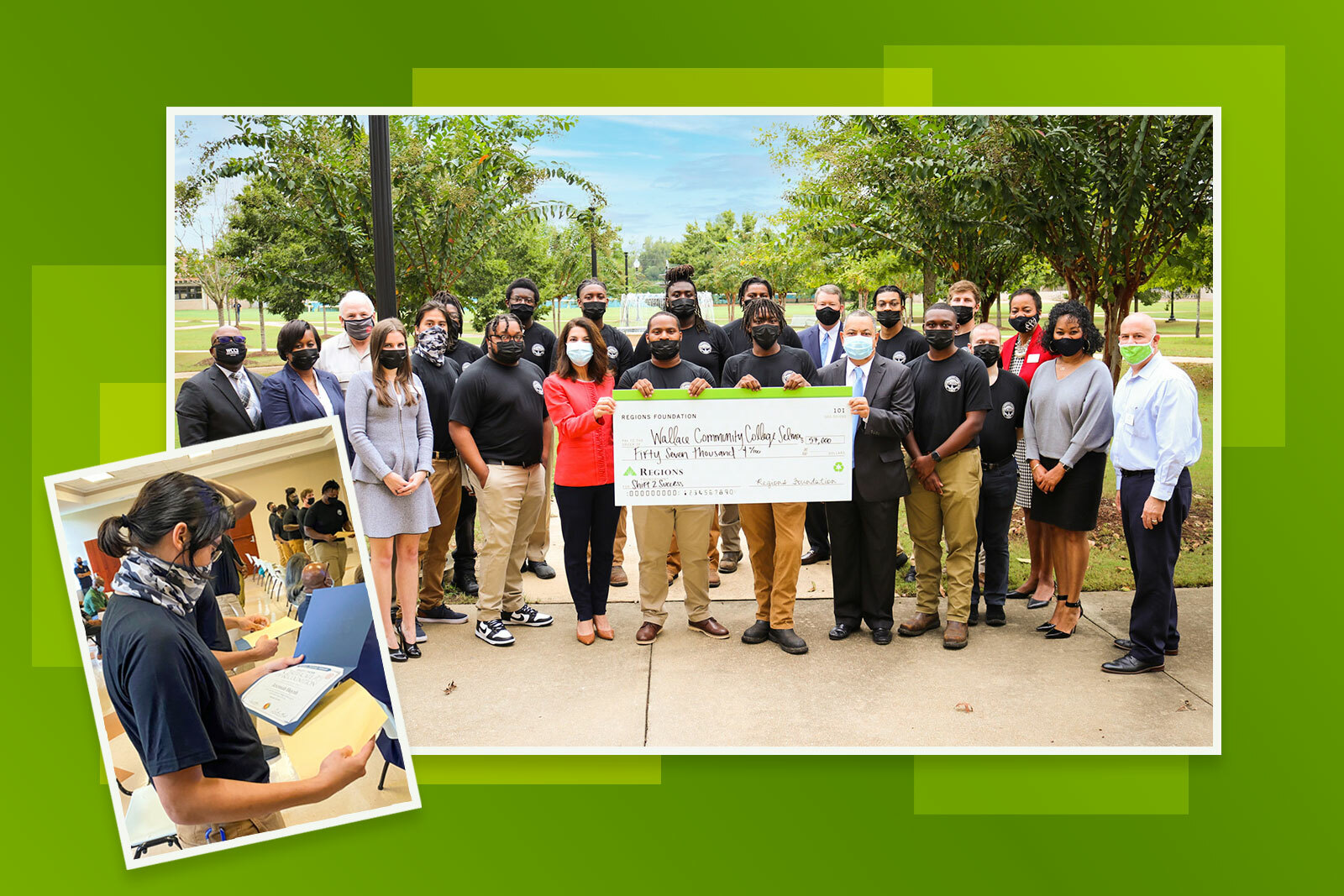 Group photo of check presentation and student