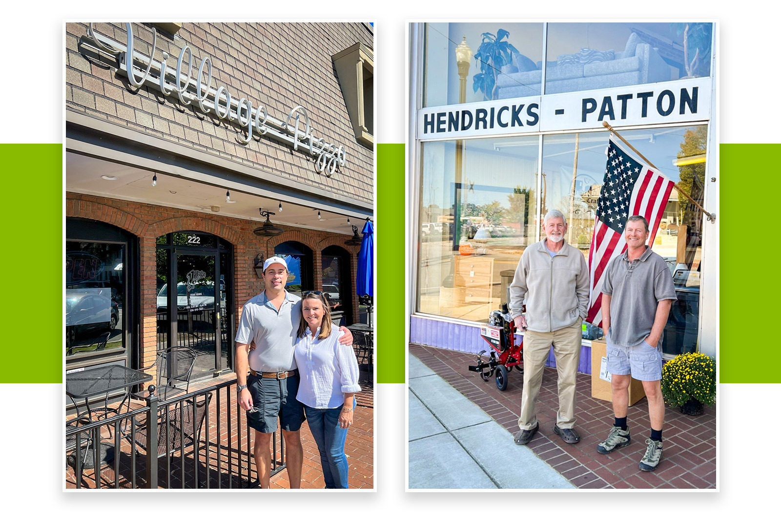 Photos of Laura and Josh Tarokh in front of Village Pizza, and Roy and Bucky Patton in front of Hendricks-Patton Co.