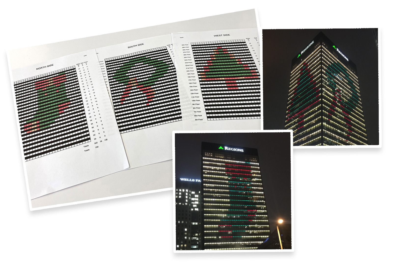 photos of papers showing the lighting diagrams as well as photos of each side of the lighted building. images are in the shape of a Stocking, wreath, and Christmas tree