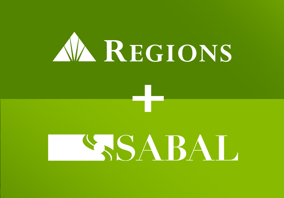Regions and Sabal logos over a light and dark green...