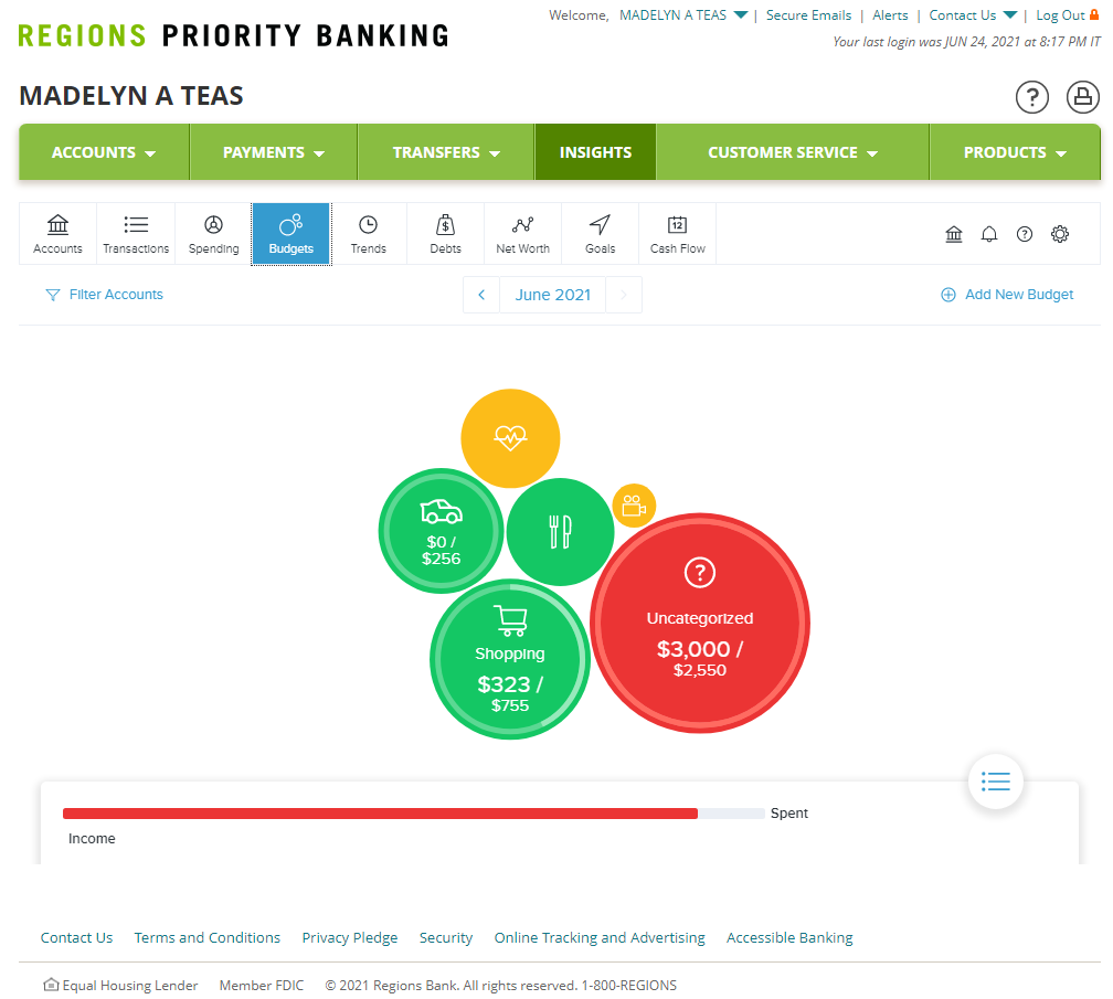 screenshot of banking app showing budget