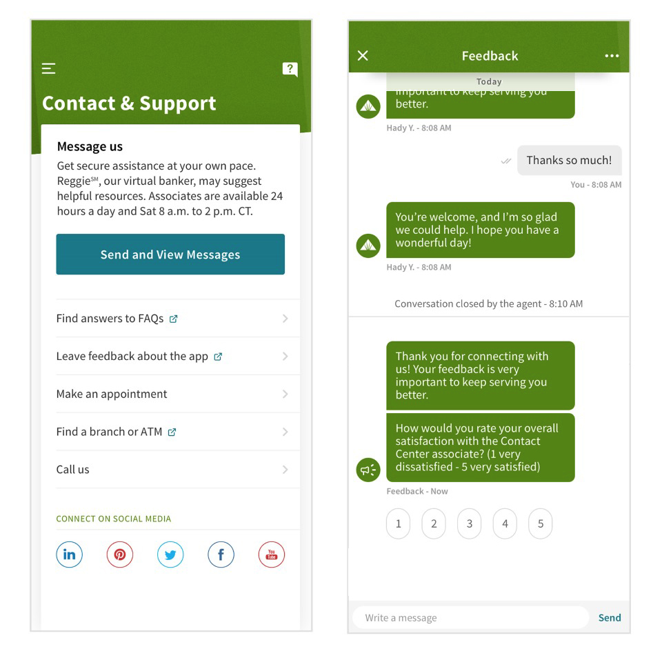regions mobile app acreens showing the feedback and supprt page and the help chat function