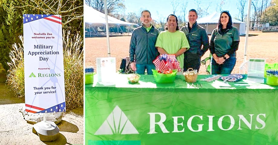 photos of welcome sign and regions associates volunteering at the Nashville Zoo