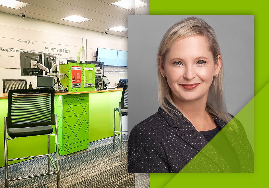 Regions Bank Branch and photo of business woman
