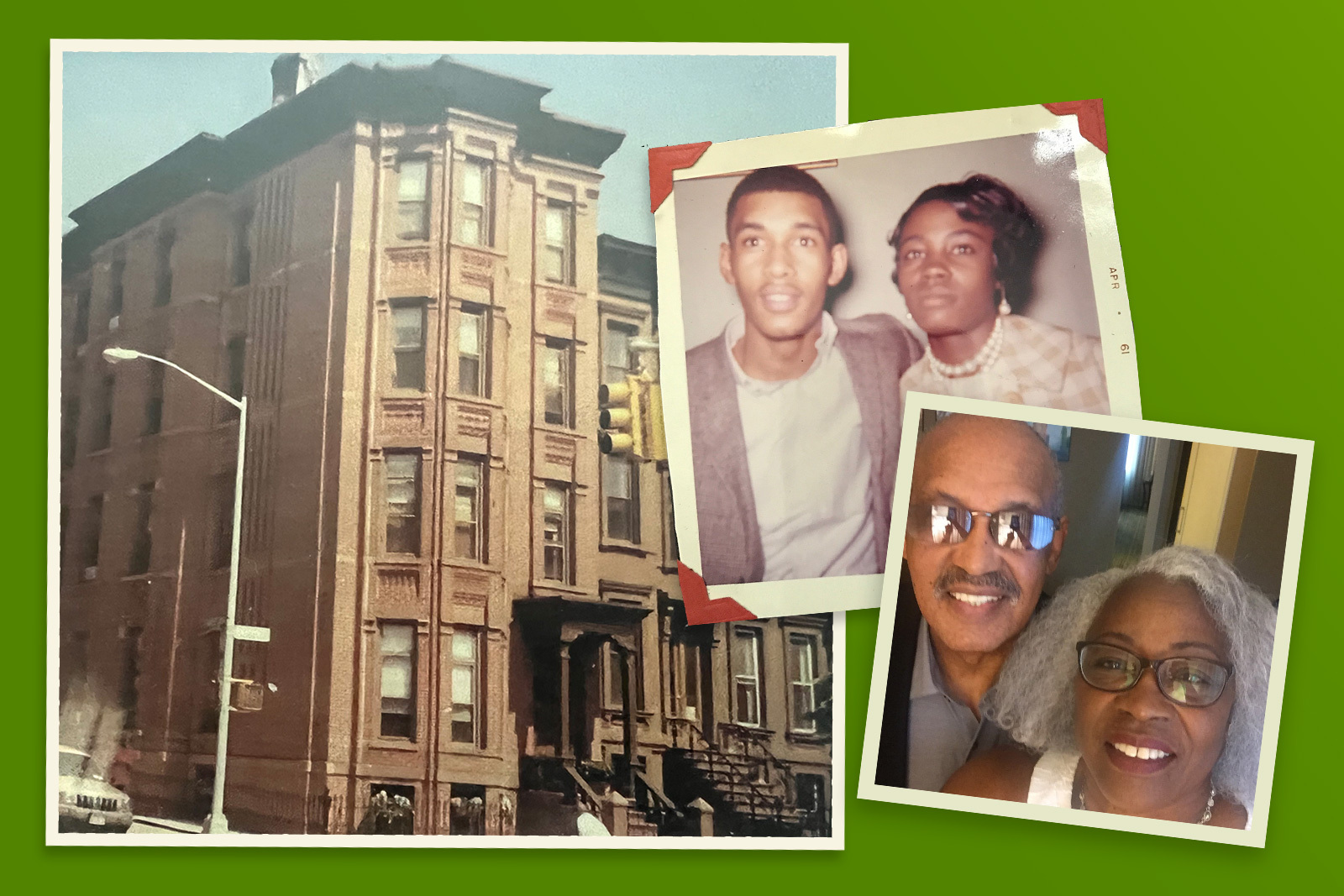 photo collage of brownstone, and old and young photos of...