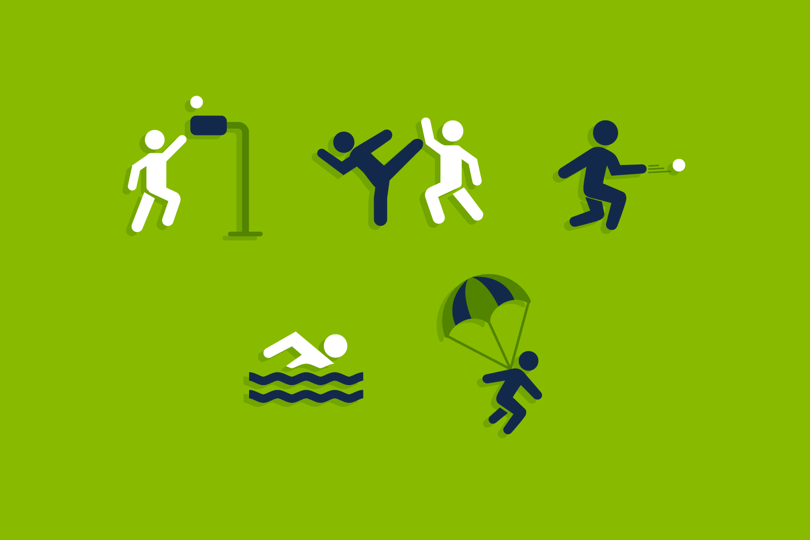 icons for, Korfball, Muaythai, Lyonnaise, Lifesaving, and Canopy Piloting