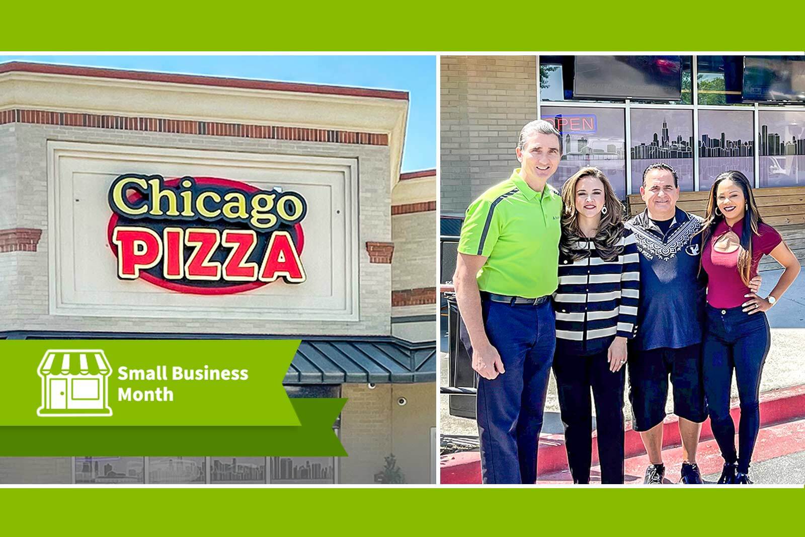 chicago pizza exterior, owner group photo and small business month...