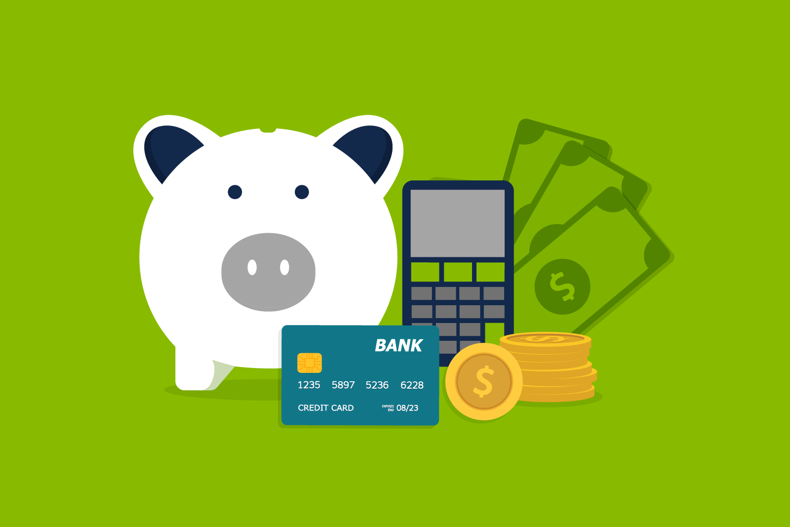 Illustration of Piggy bank, credit card, coins, dollar bills and...