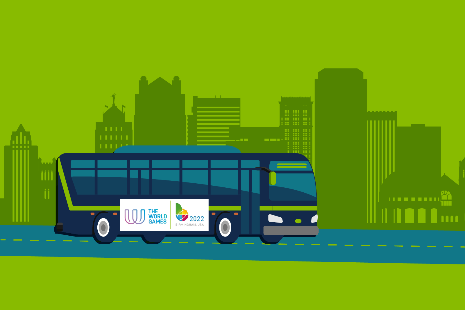 Illustration of a shuttle bus with The World games logo...