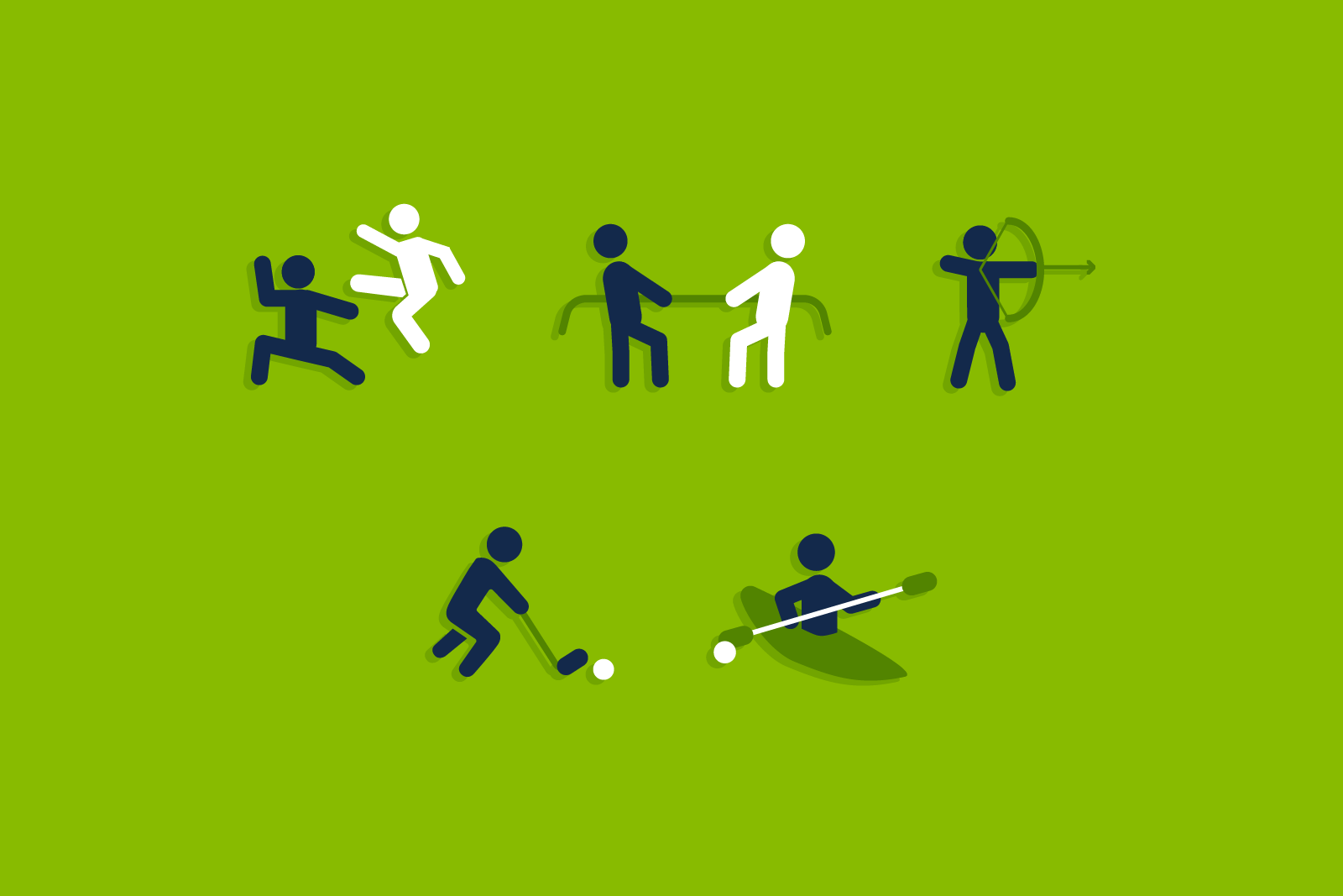 Stick figure icons representing, Wushu, Tug of War, Archery, Floorball,...