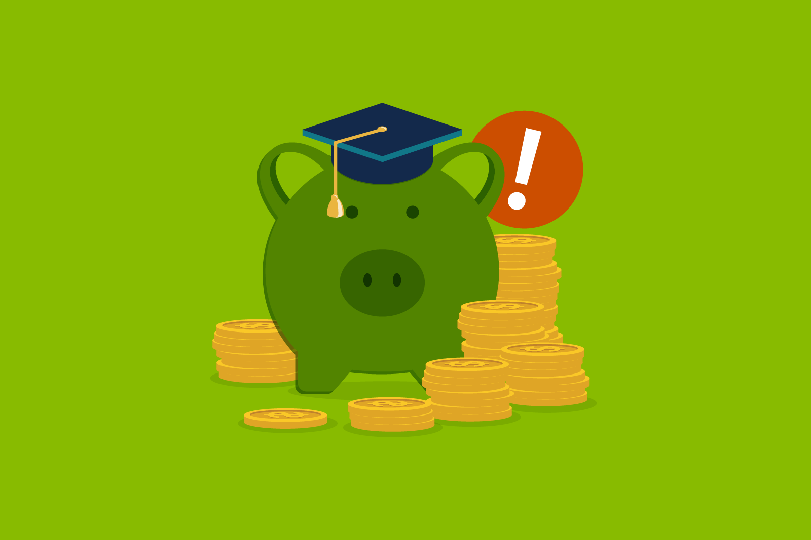 illustration of green piggy bank with a graduation cap, surrounded...
