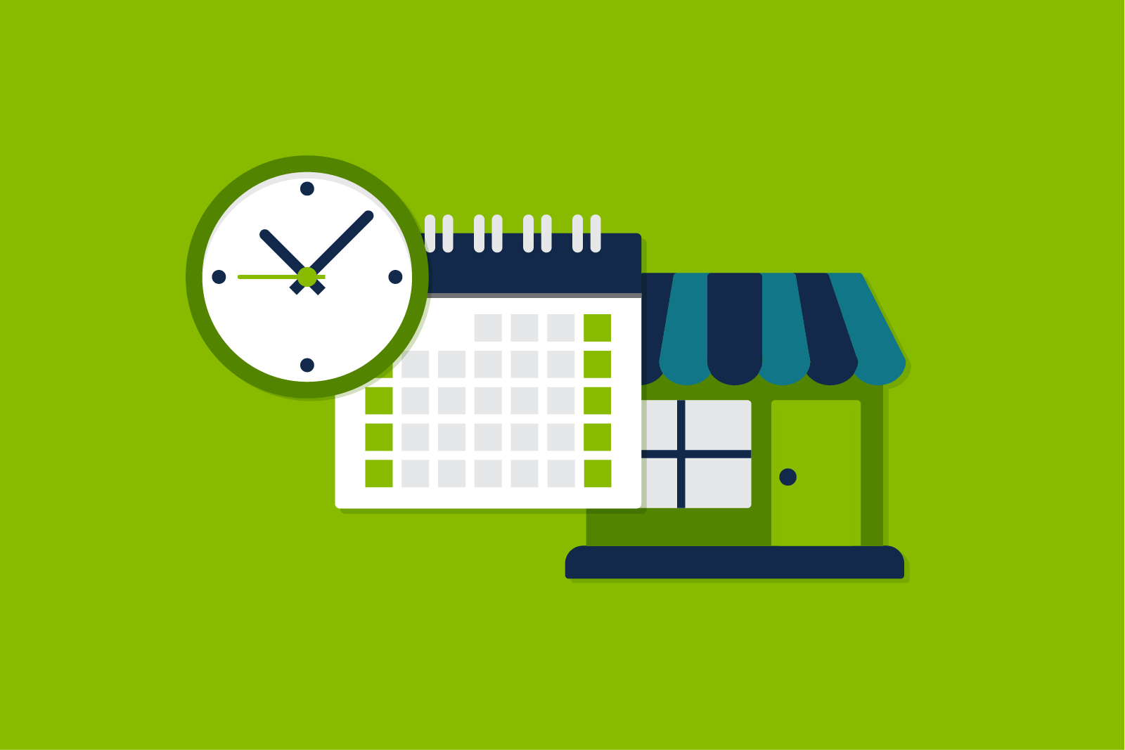 illustration of a clock, calendar, and small business