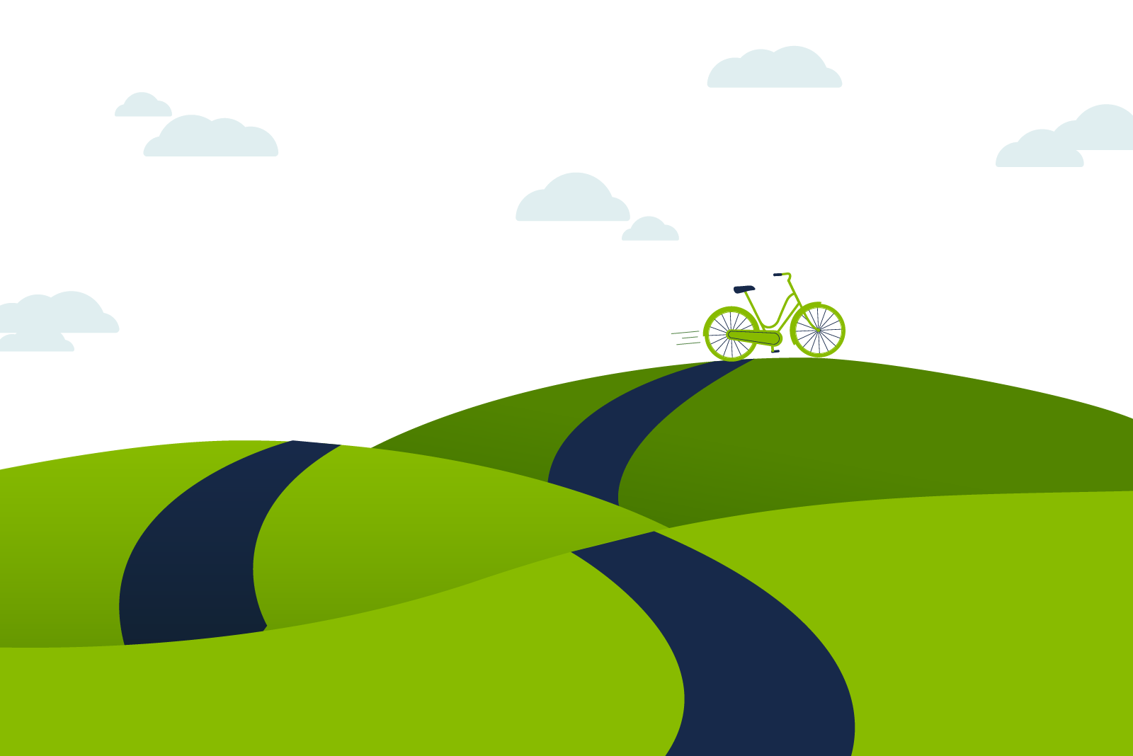 illustration of green bike moving independently through rolling green hills.