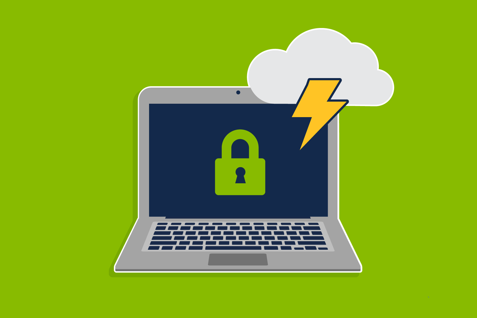 illustration of laptop with padlock on screen. a storm cloud...