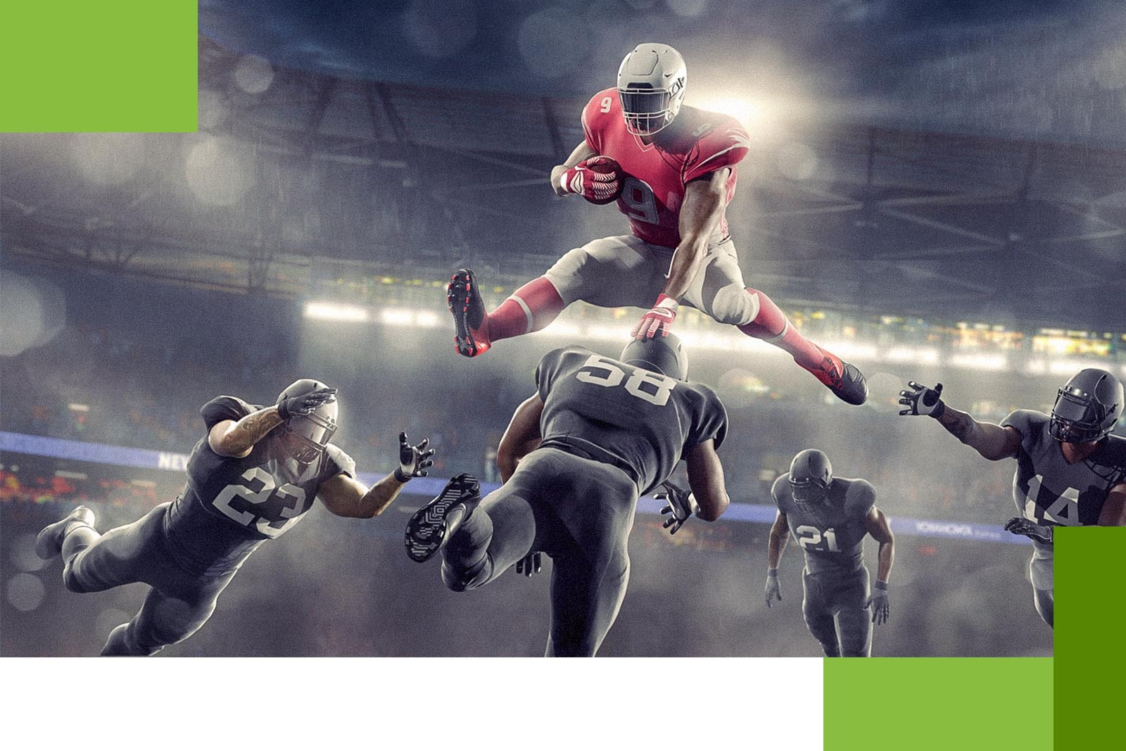 photorealistic 3d rendering of football player hopping over the opposing...