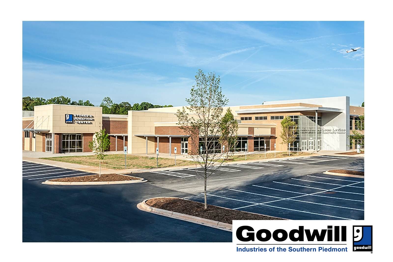 exterior photo of Goodwill University campus and goodwill logo