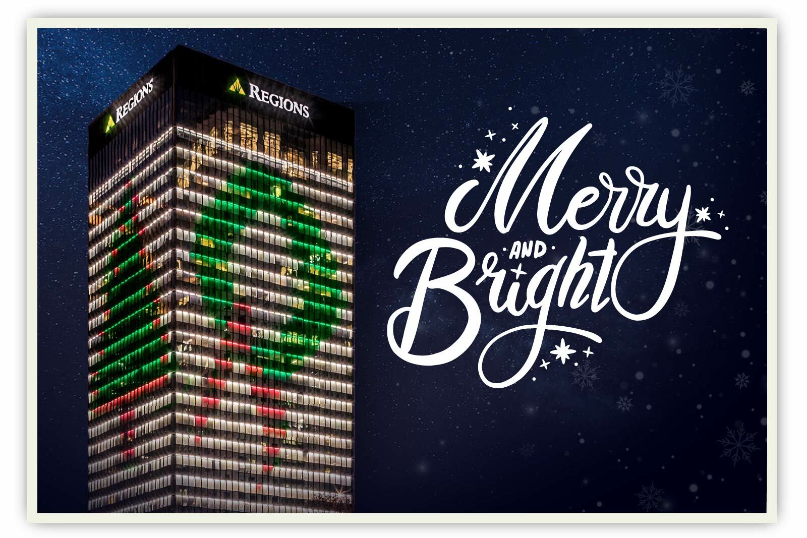 photo of Regions Center with Christmas lighting and text that...