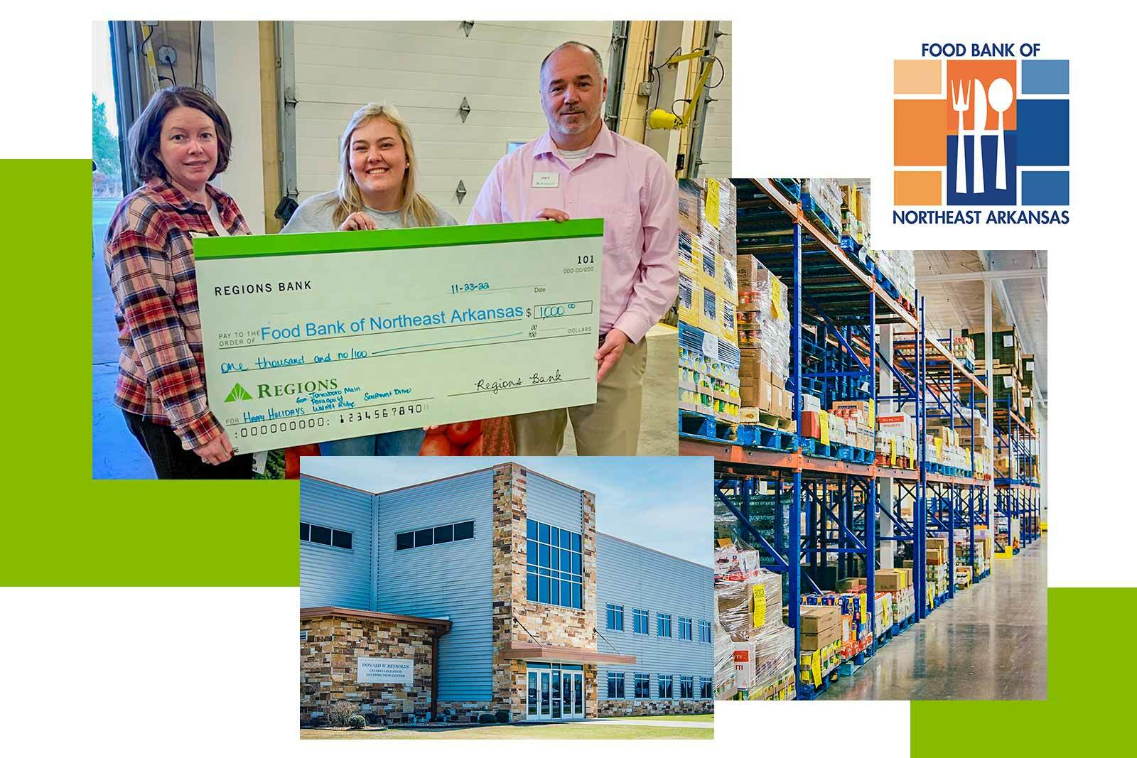 Photos of Food bank of Northeast Arkansas Check presentation, building exterior and interior photo of stockroom