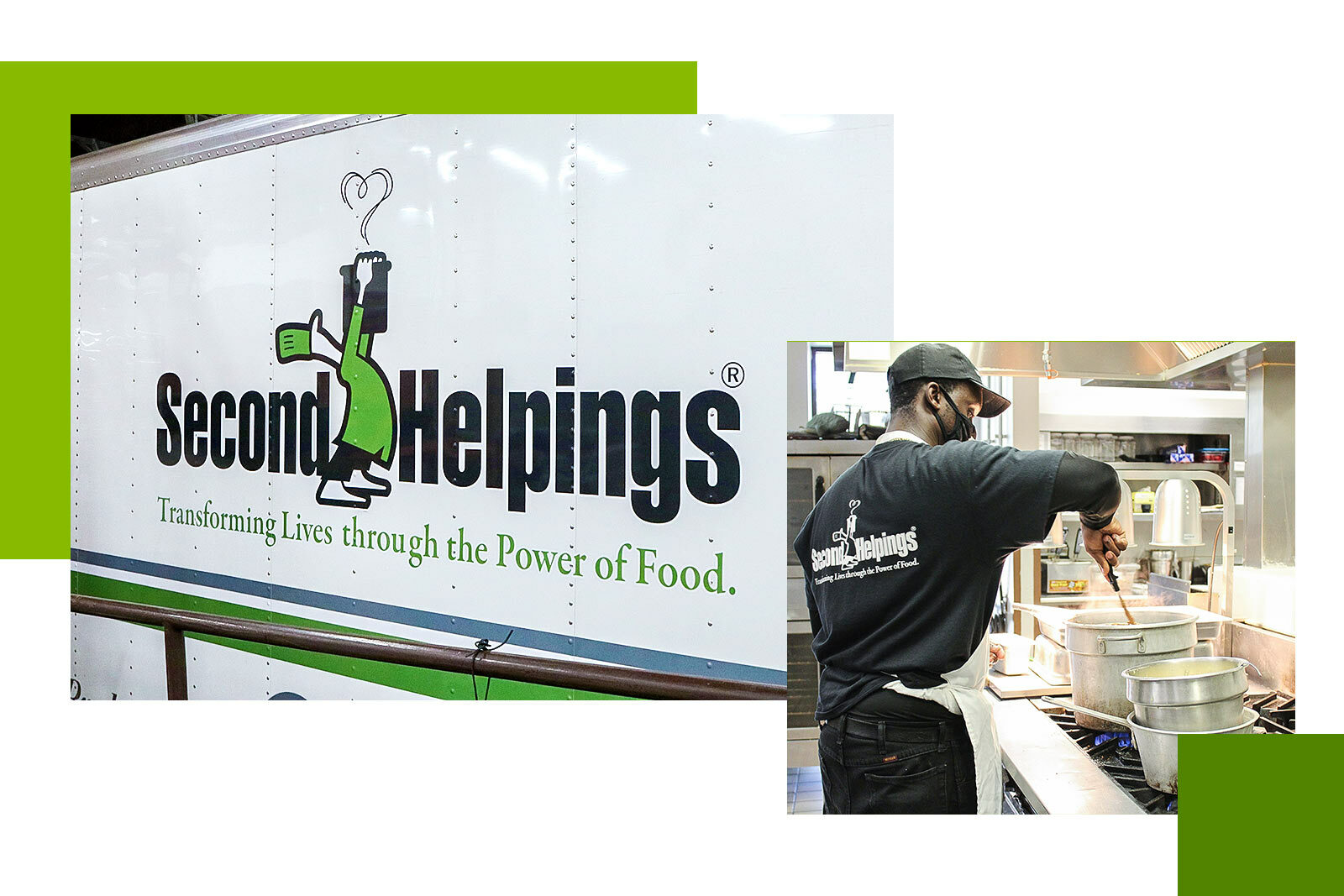Photos of Second Helpings truck and student in kitchen