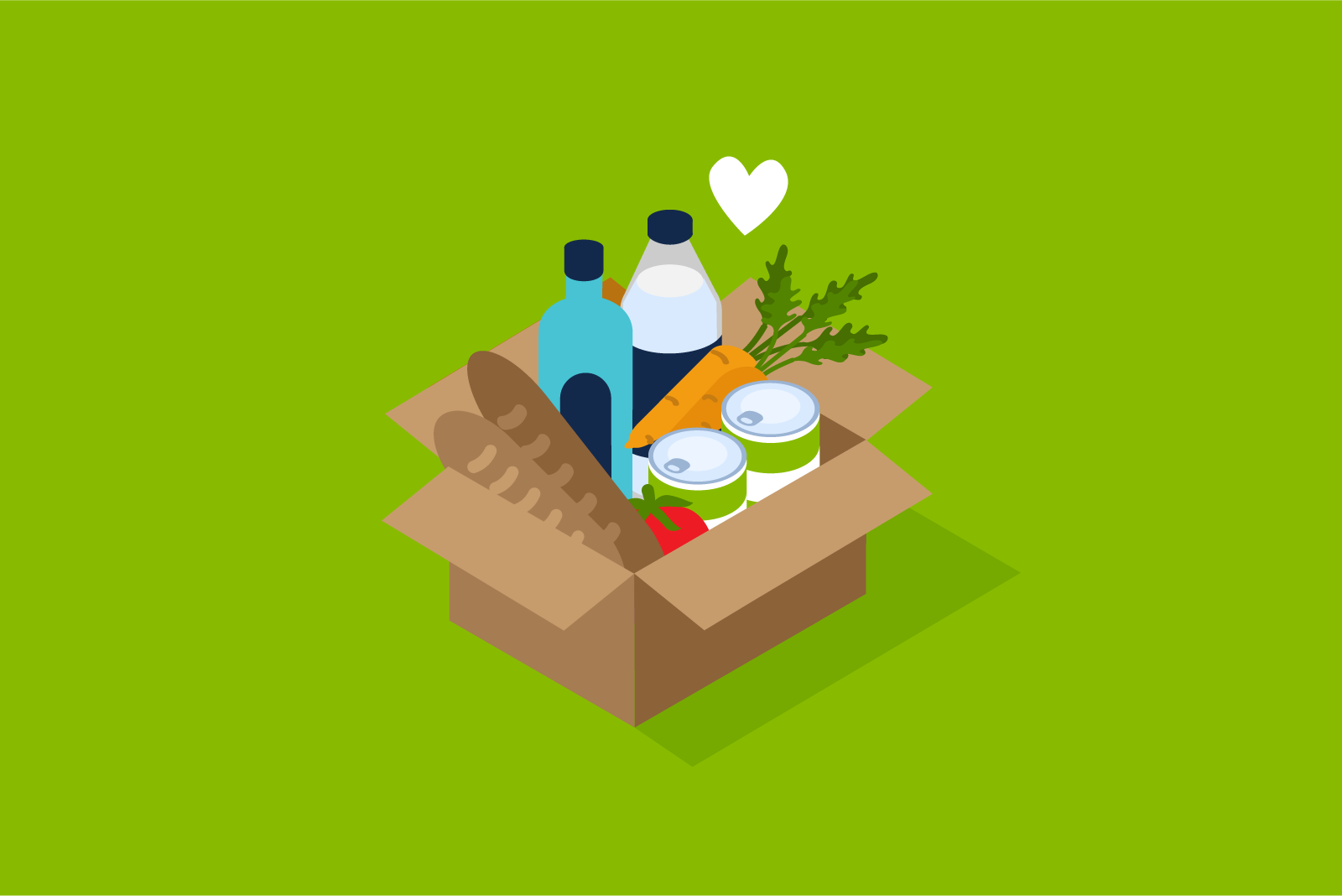 Illustration of various foods in a cardboard box for donation