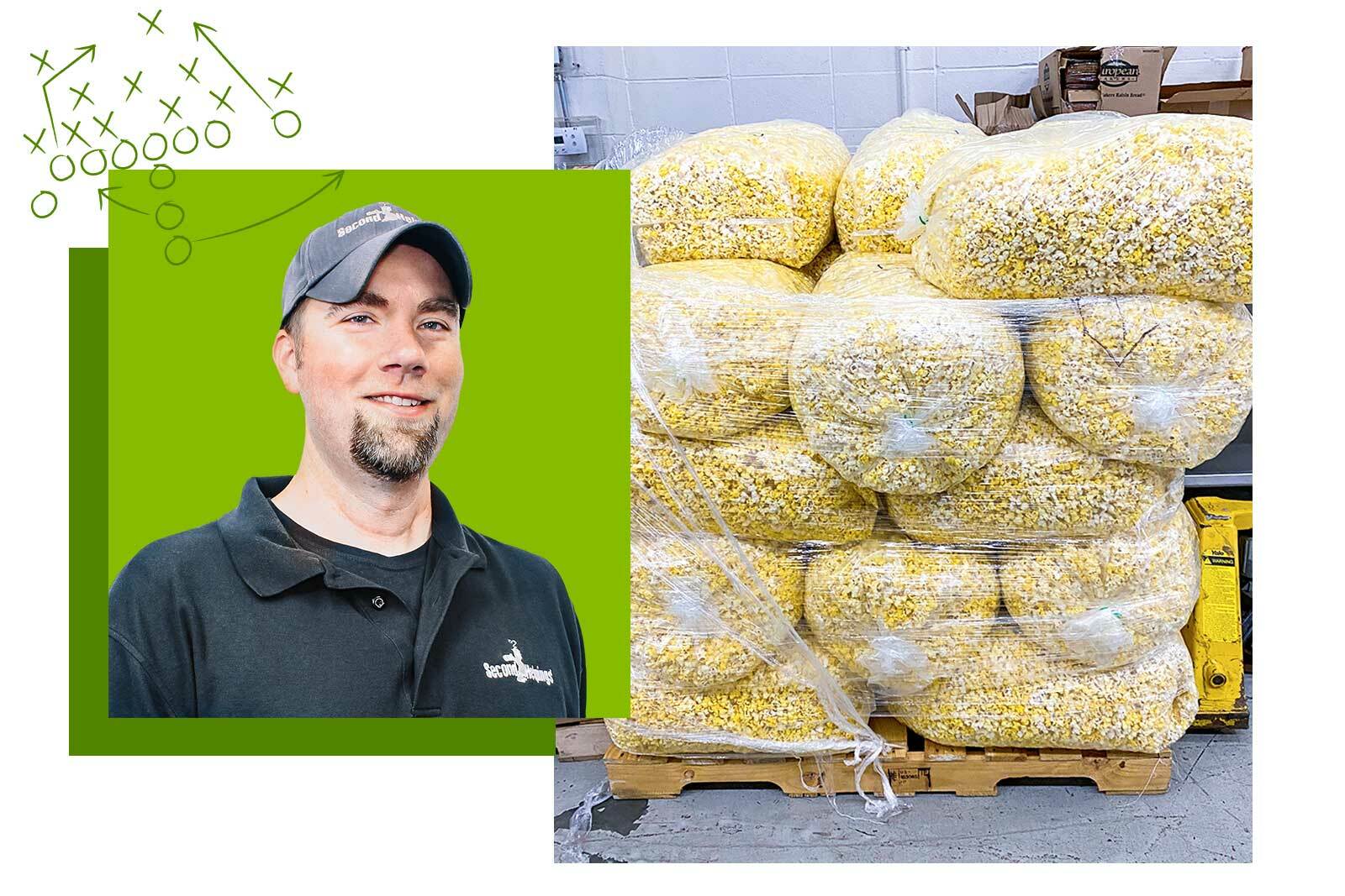 Photos of Jon Meinert and a large multi-bag pile of popcorn for donation. A sketch of a football play is in the upper left corner of the image.