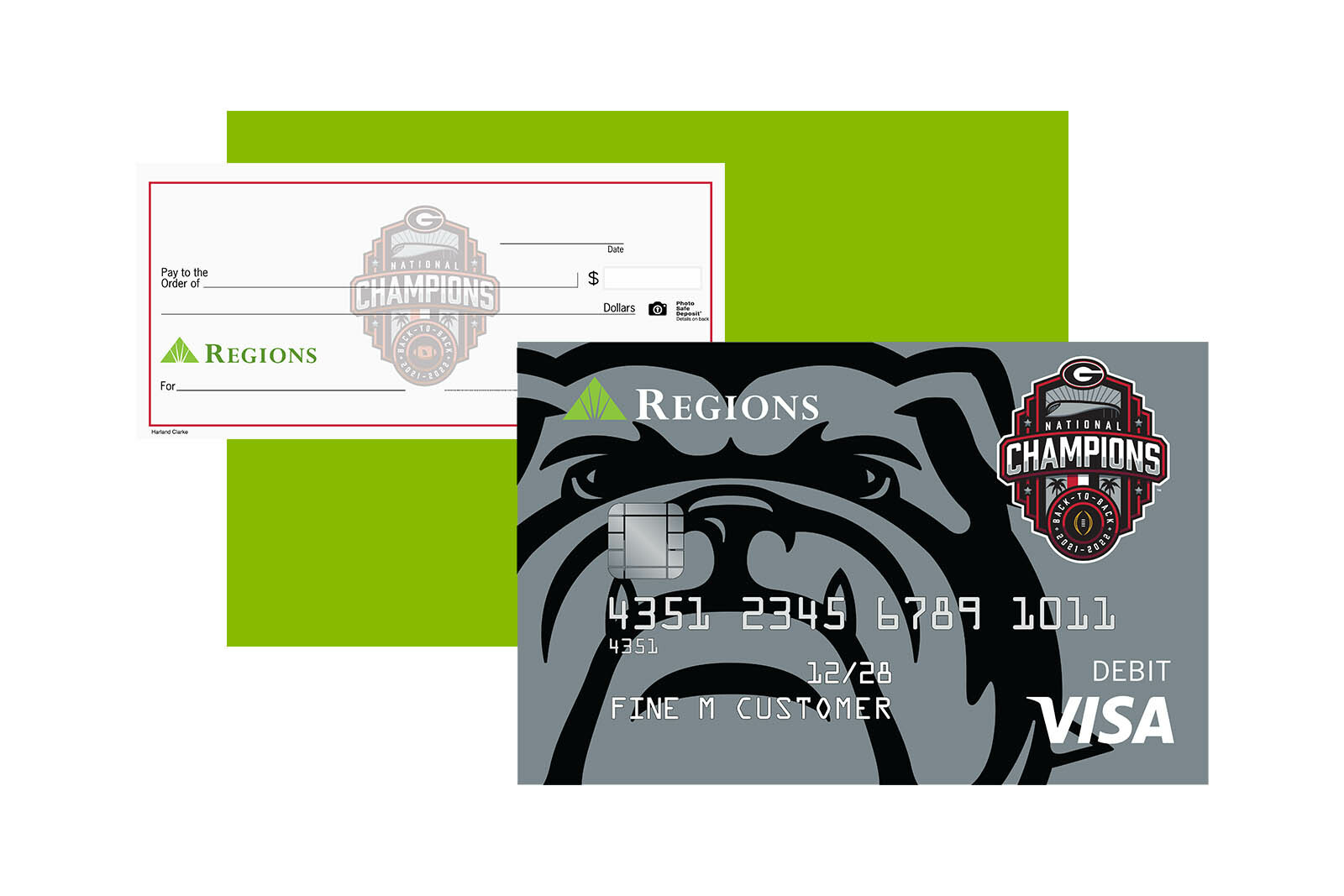 Regions Bank Georgia National Champions debit card and check