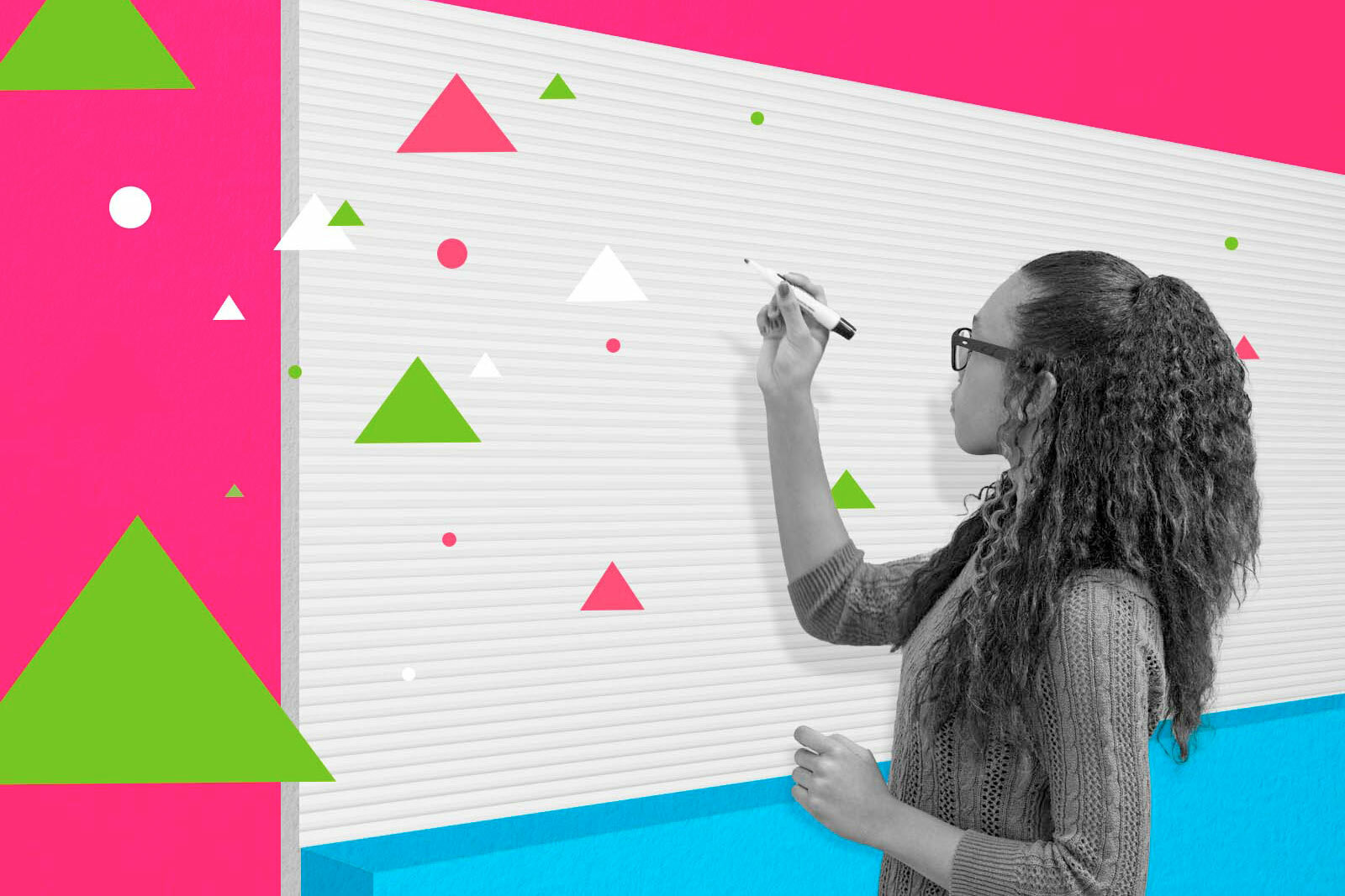 Image of a young woman writing on an illustrated white board created from cut paper images. Triangle motifs come from the marker in her hand
