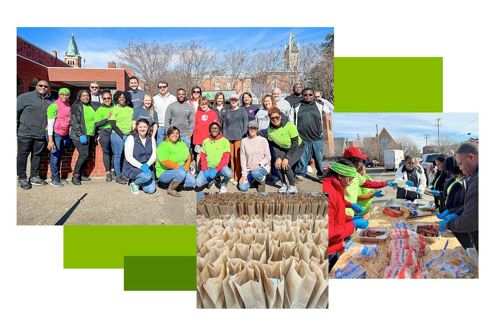 Photos from volunteer event. Group photo, lunch assembly and bagged...