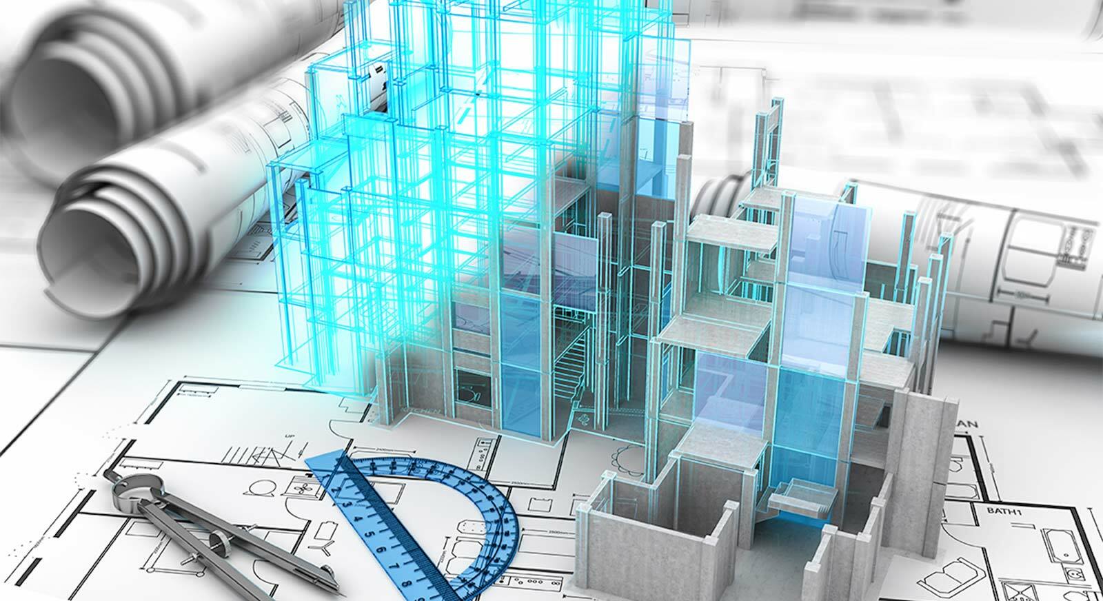 3d rendering of schematics and architecture plans with a blue glowing wireframe of a building in the center