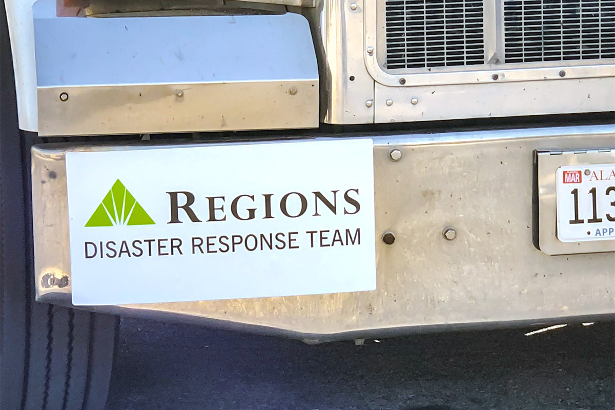 closeup of Regions Disaster Relief Team sticker on truck