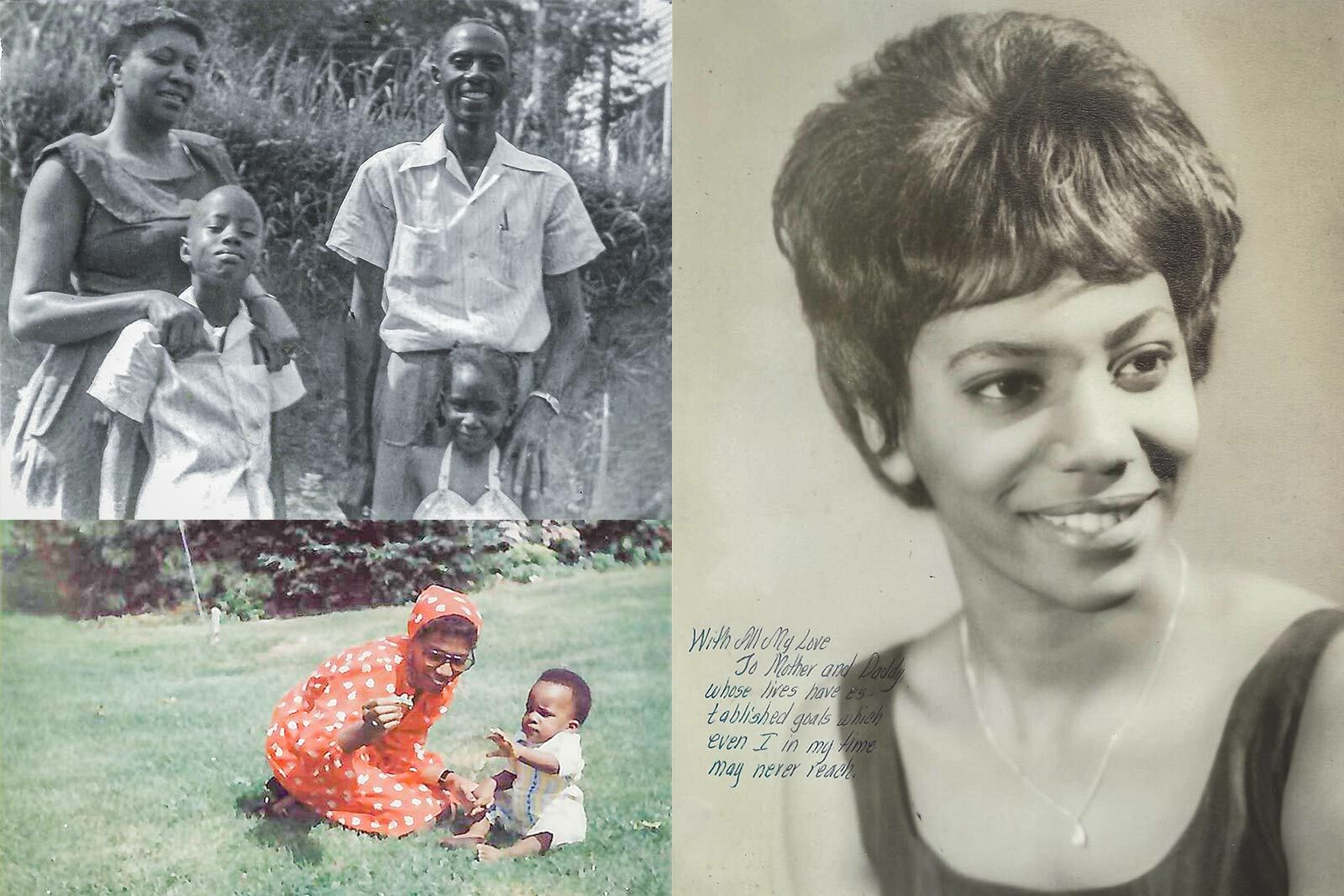 Photos of Judge McPherson as a child with her family, with her child, and a head shot as a young woman. there is a handwritten notw on the headdshot that says, "With all my love. To Mother and Daddy whose lives have established goals which even I in my time may never reach."