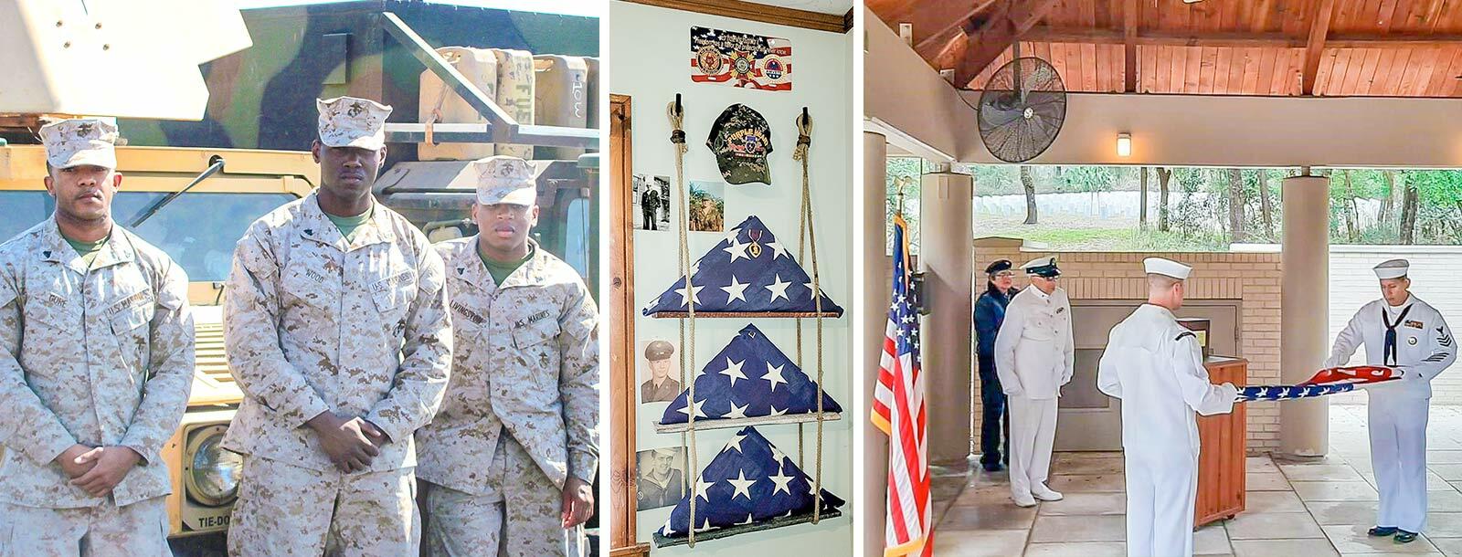 Photos of Demetrius Wood in the Marines with other officers, folded flags on a wall, and a flag folding ceremony