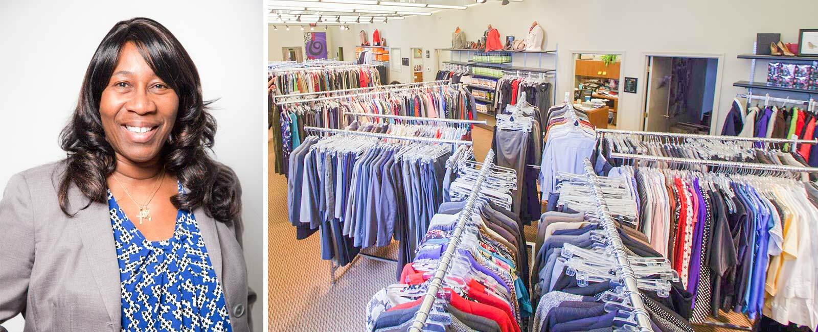 photos of businesswoman and store interior featuring clothes on racks