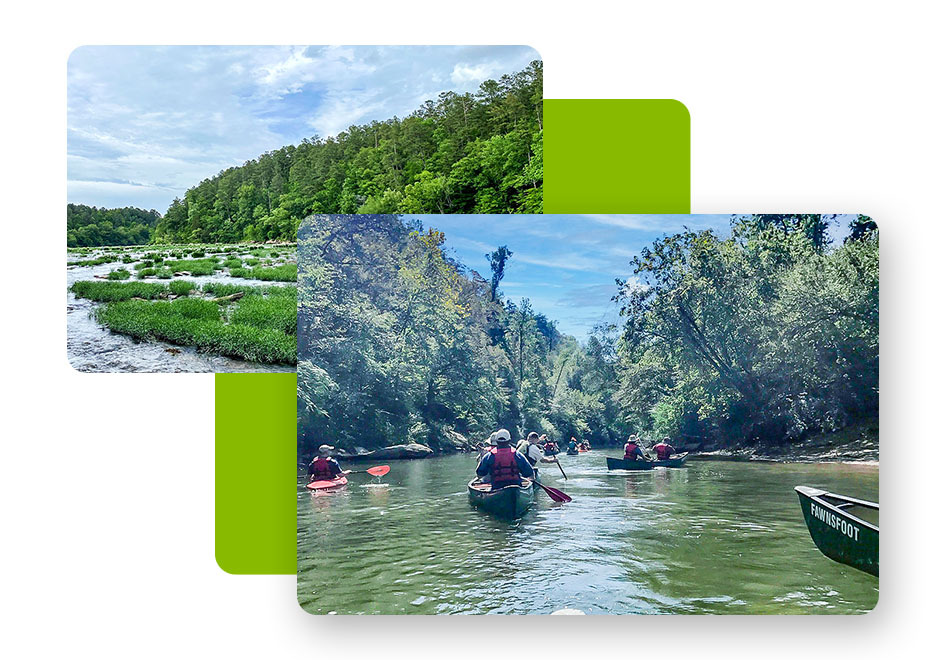 one landscape photo and one photo of people kayaking down a river