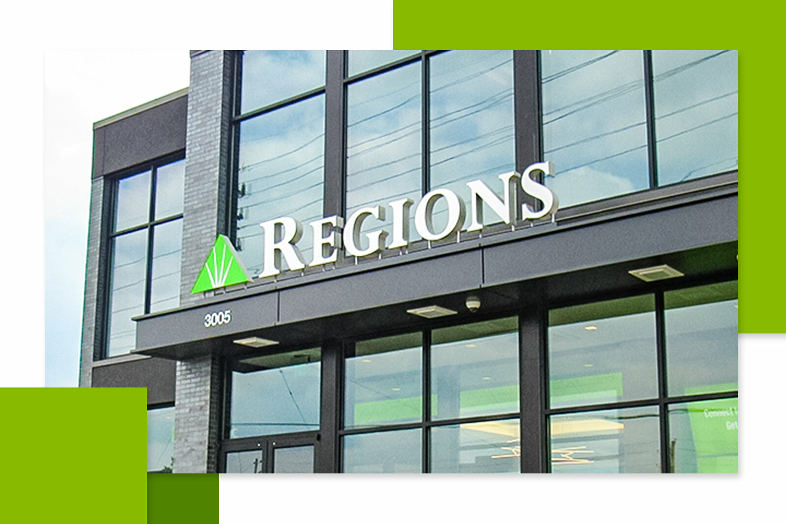 Closeup of Regions logo sign on a modern branch