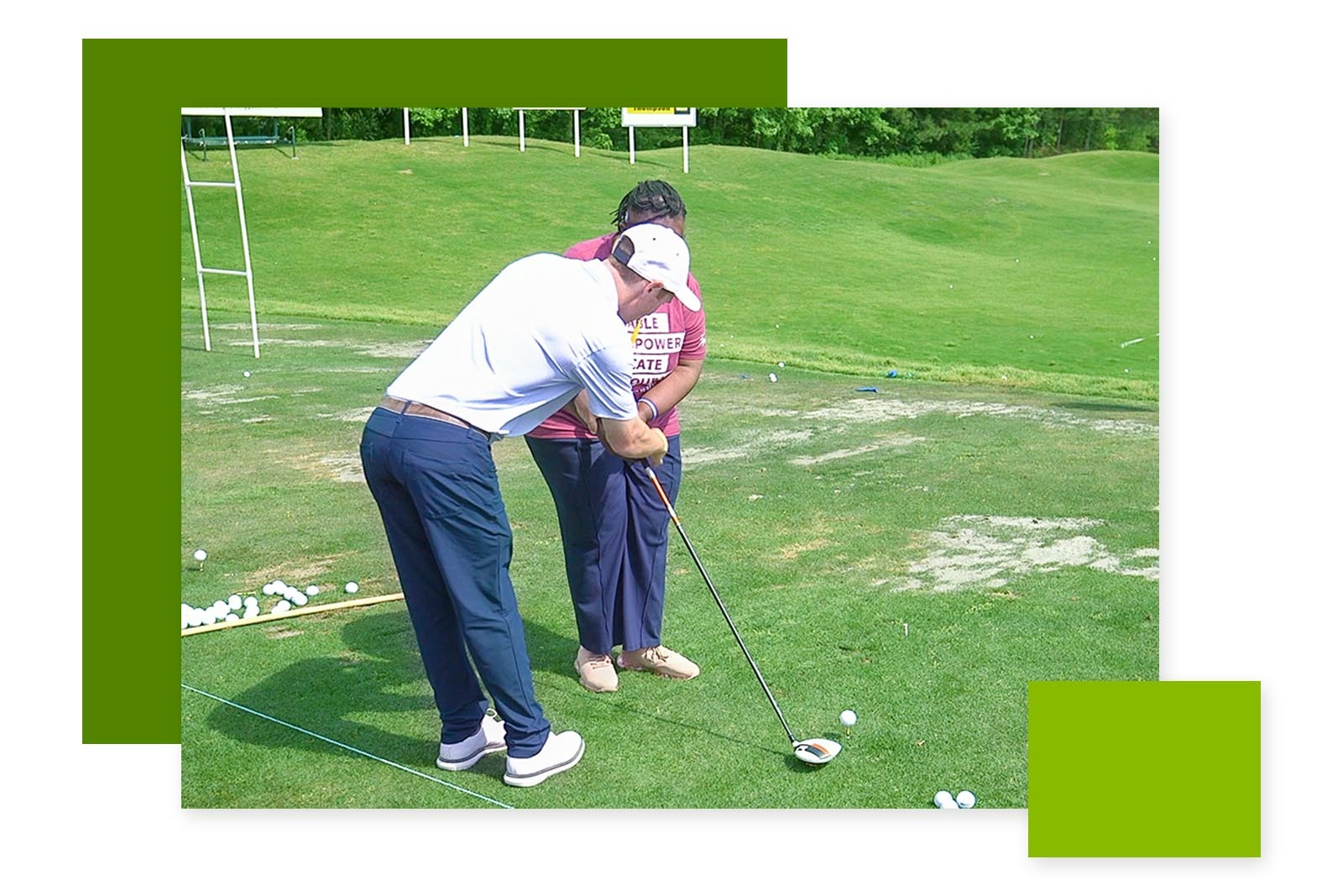 Photo of one person assisting another with a golf swing