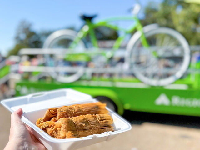 photo of a takeout box full of tamales in front of the Regions Big Bike