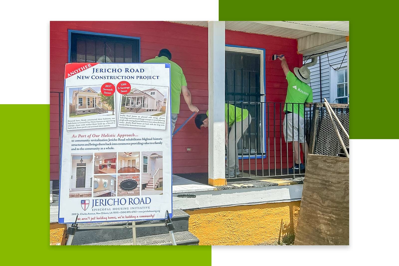 3 men painting a house red on the front porch. A sign for the Jericho Road New Construction Project is in the foreground in front of the porch.