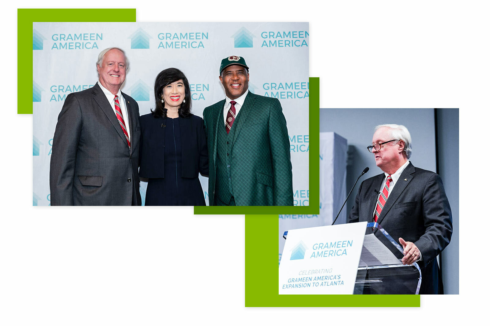 Grameen America Event collage - three people in front of the wall with logos and a presenter at the event