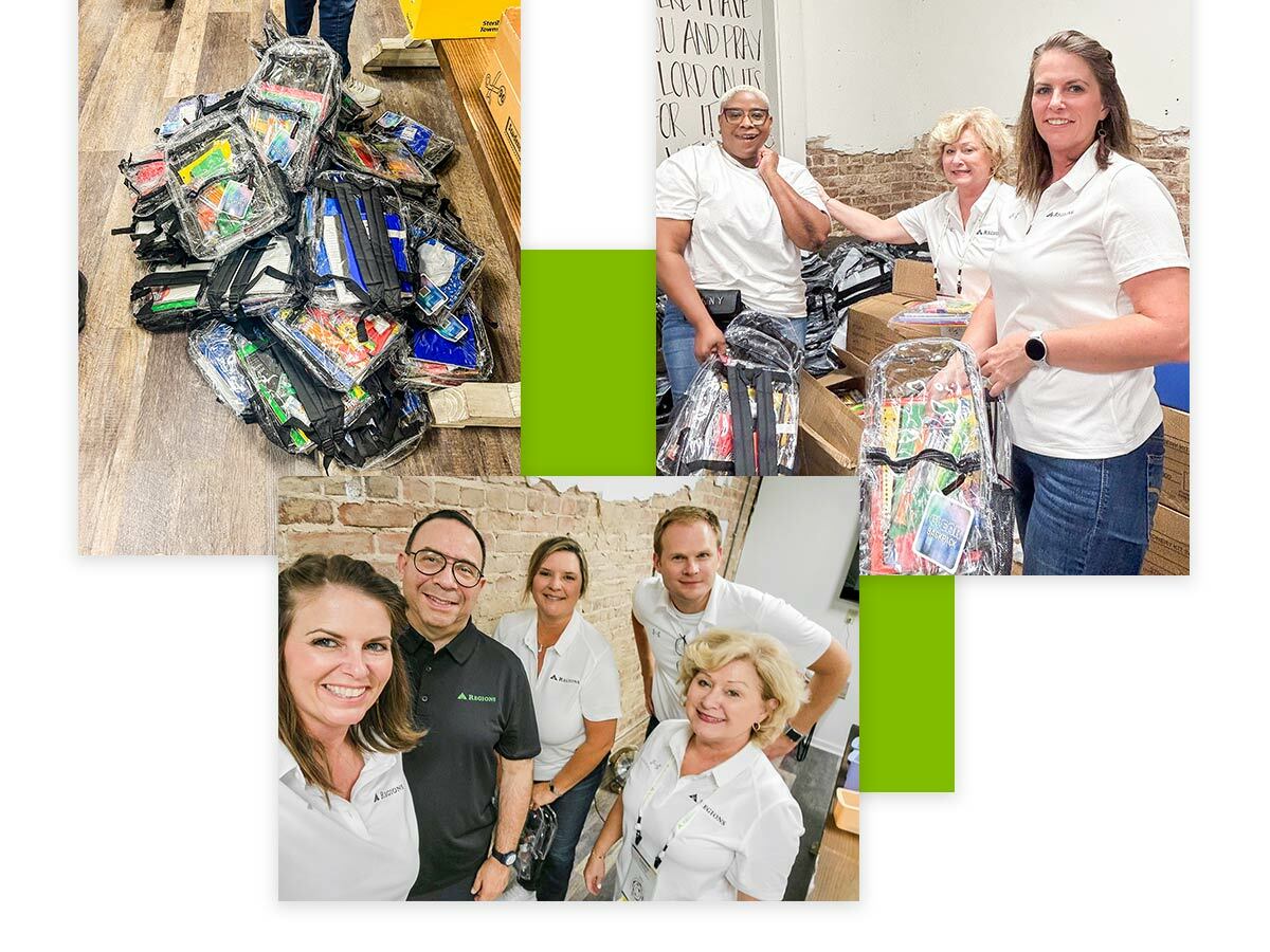 Collage of photos spotlighting the Regions volunteers stuffing backpacks with school supplies at East Lake Initiative