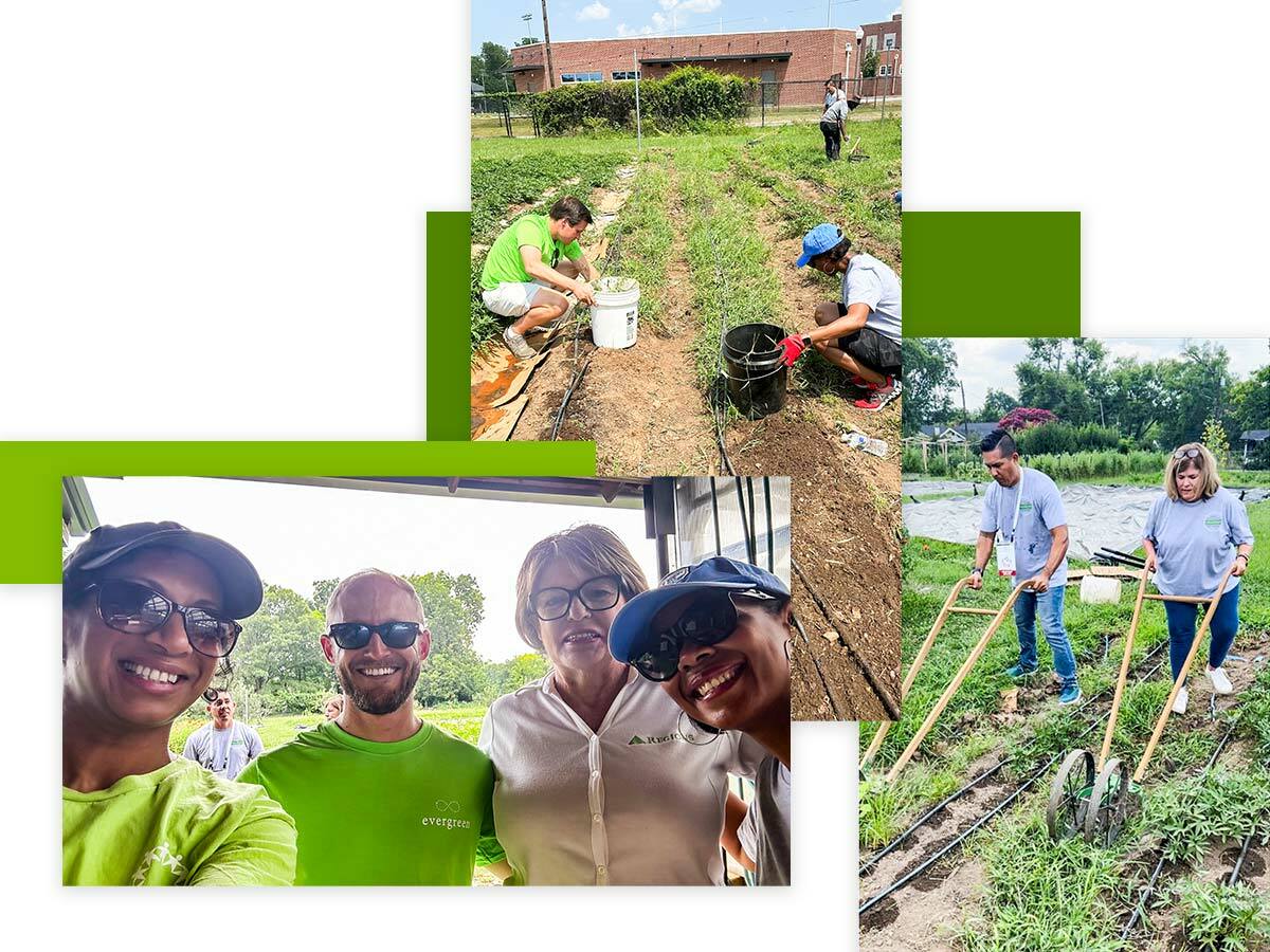 Three photos of Regions associates volunteering in the garden with Jones Valley Teaching Farm at Woodlawn High School